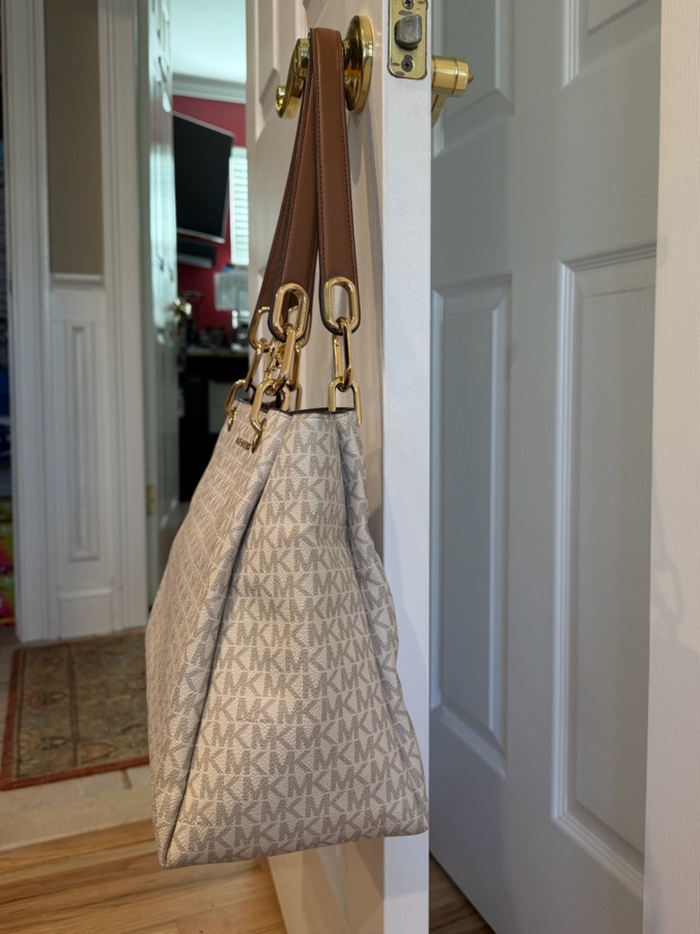 Michael Kors Trisha Cream Logo-Print Shoulder Tote with Brown Handles - Picture 3 of 10